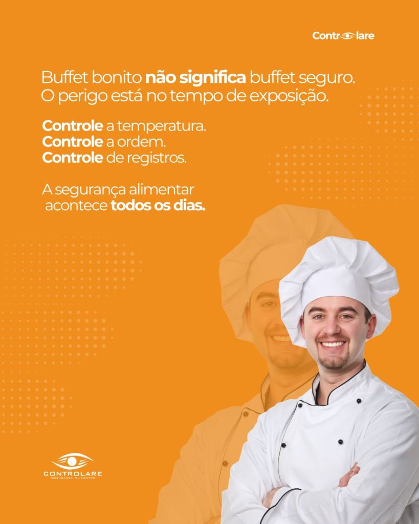 Alimentos em exposição em buffet — controle de tempo e temperatura para segurança alimentar